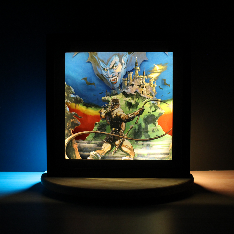 Diorama Castlevania NES vue rapprochée, Simon Belmont dans un décor gothique pixel art