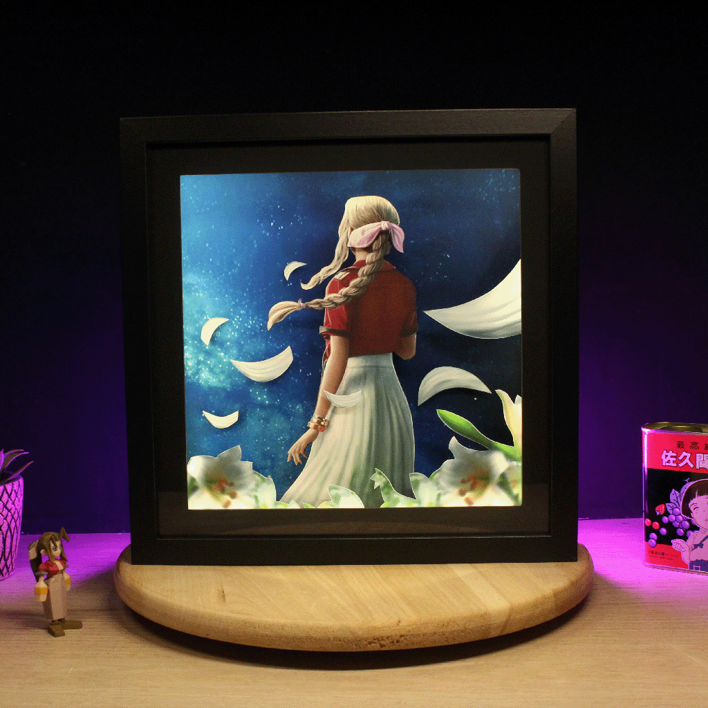 Dioramax - Cadre lumineux LED FF7 Aerith | Déco Gaming-room | Tableau lumineux | Affiche jeux vidéo | Idée cadeau gamer | Retro-gaming