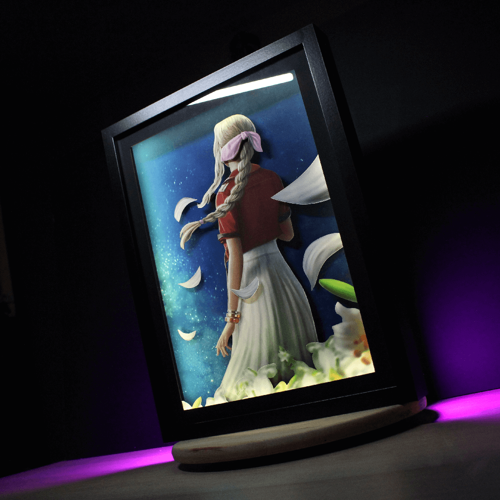 Dioramax - Cadre lumineux LED FF7 Aerith | Déco Gaming-room | Tableau lumineux | Affiche jeux vidéo | Idée cadeau gamer | Retro-gaming