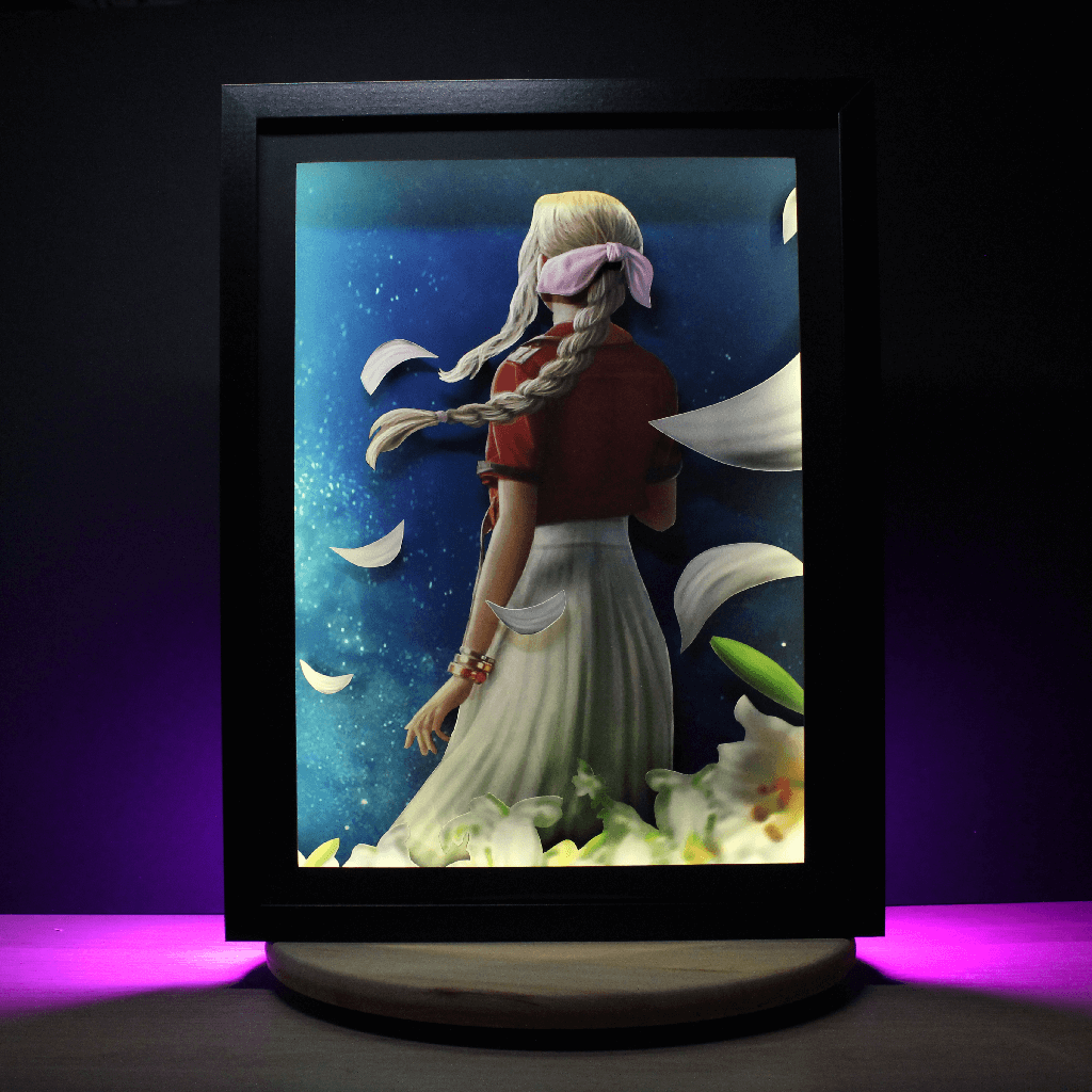 Dioramax - Cadre lumineux LED FF7 Aerith | Déco Gaming-room | Tableau lumineux | Affiche jeux vidéo | Idée cadeau gamer | Retro-gaming