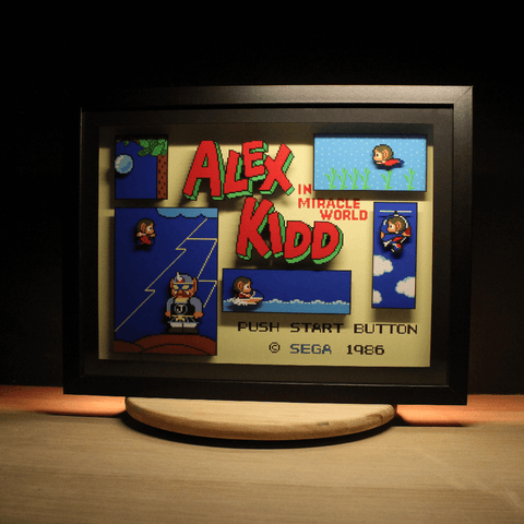 Diorama Alax Kidd, déco gaming room, cadre lumineux Alex Kidd, goodies Alex Kidd