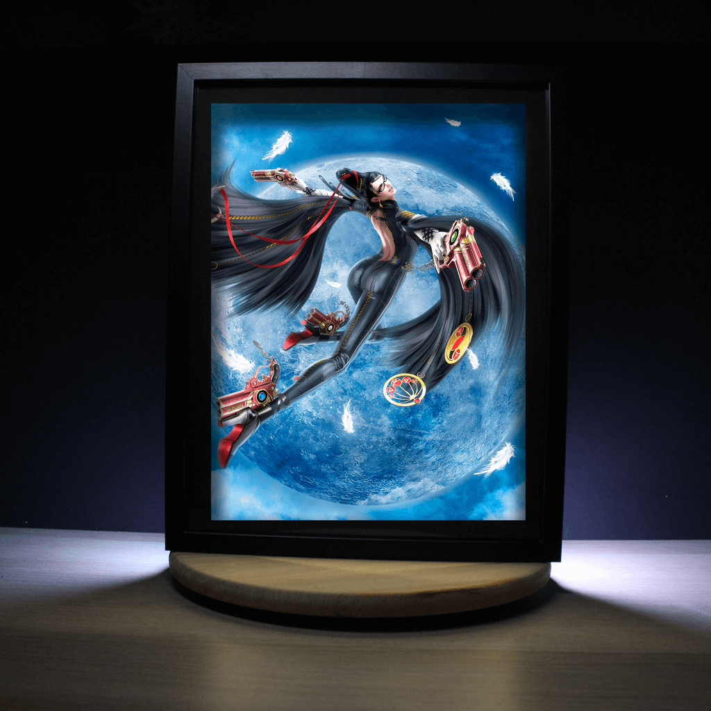 Diorama lumineux Bayonetta en vol devant la pleine lune, déco murale gaming
