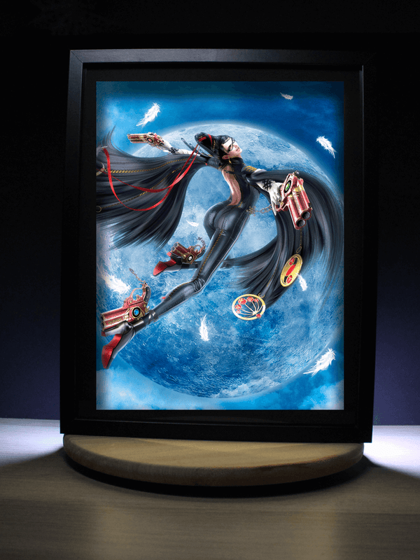 Diorama lumineux Bayonetta en vol devant la pleine lune, déco murale gaming