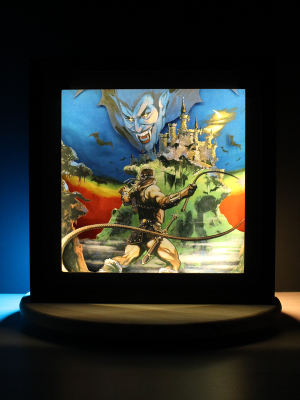 Diorama Castlevania NES vue rapprochée, Simon Belmont dans un décor gothique pixel art