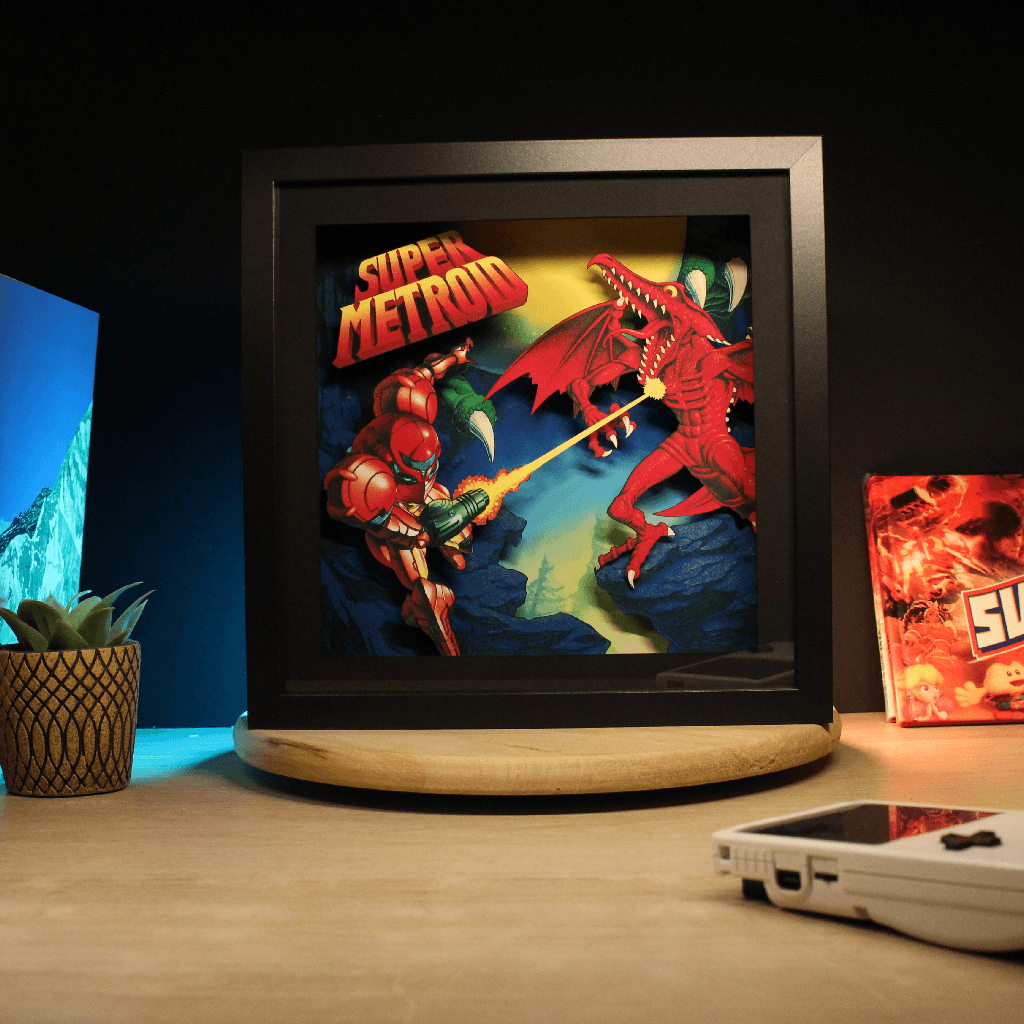 Dioramax - Cadre lumineux LED Super Metroid | Déco Gaming-room | Tableau lumineux | Affiche jeux vidéo | Idée cadeau gamer | Retro-gaming