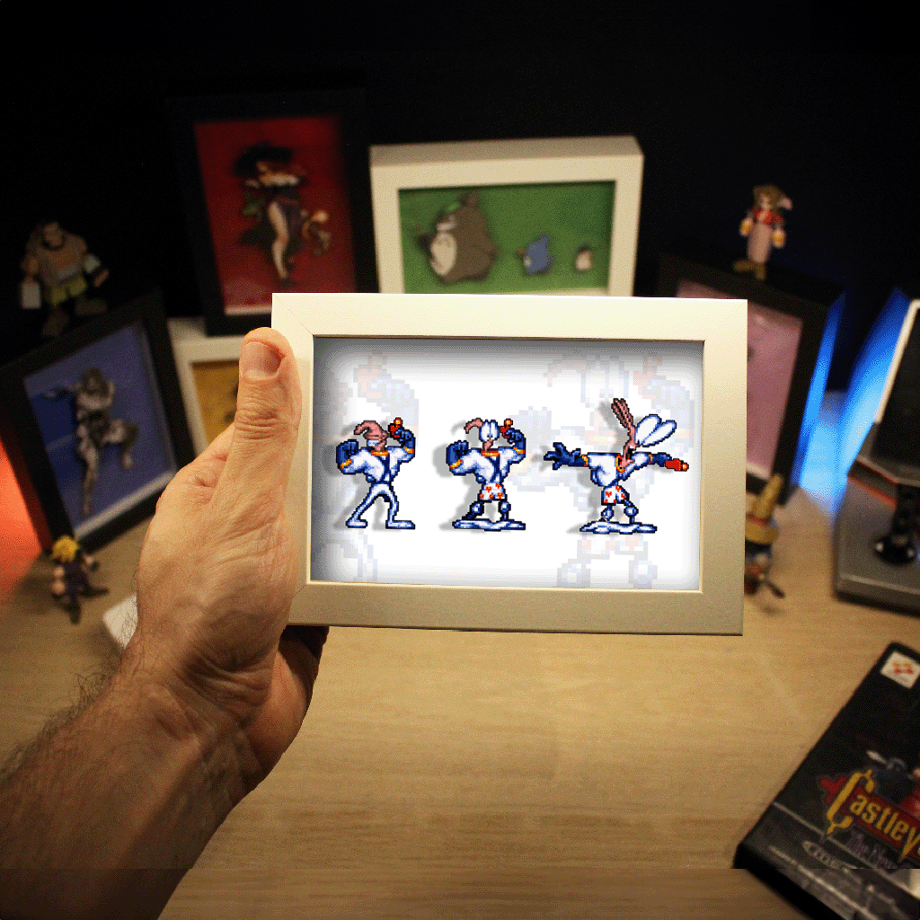 Dioramax - Cadre lumineux LED Earth Worm Jim | Déco Gaming-room | Tableau lumineux | Affiche jeux vidéo | Idée cadeau gamer | Retro-gaming
