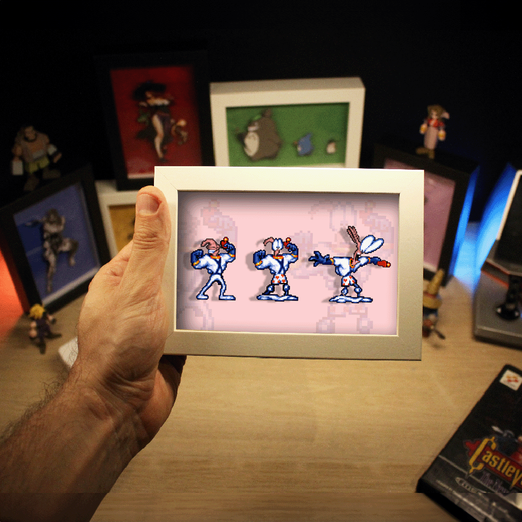Dioramax - Cadre lumineux LED Earth Worm Jim | Déco Gaming-room | Tableau lumineux | Affiche jeux vidéo | Idée cadeau gamer | Retro-gaming