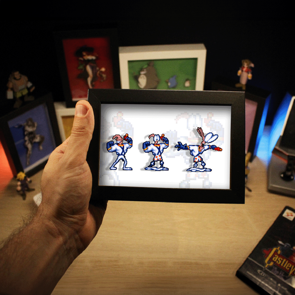 Dioramax - Cadre lumineux LED Earth Worm Jim | Déco Gaming-room | Tableau lumineux | Affiche jeux vidéo | Idée cadeau gamer | Retro-gaming