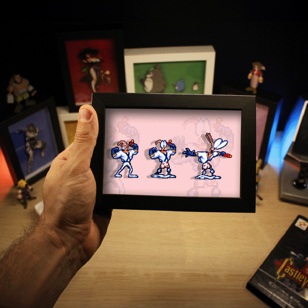 Dioramax - Cadre lumineux LED Earth Worm Jim | Déco Gaming-room | Tableau lumineux | Affiche jeux vidéo | Idée cadeau gamer | Retro-gaming
