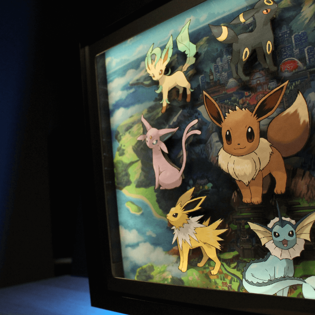 Dioramax - Cadre lumineux LED Pokemon Evoli | Déco Gaming-room | Tableau lumineux | Affiche jeux vidéo | Idée cadeau gamer | Retro-gaming