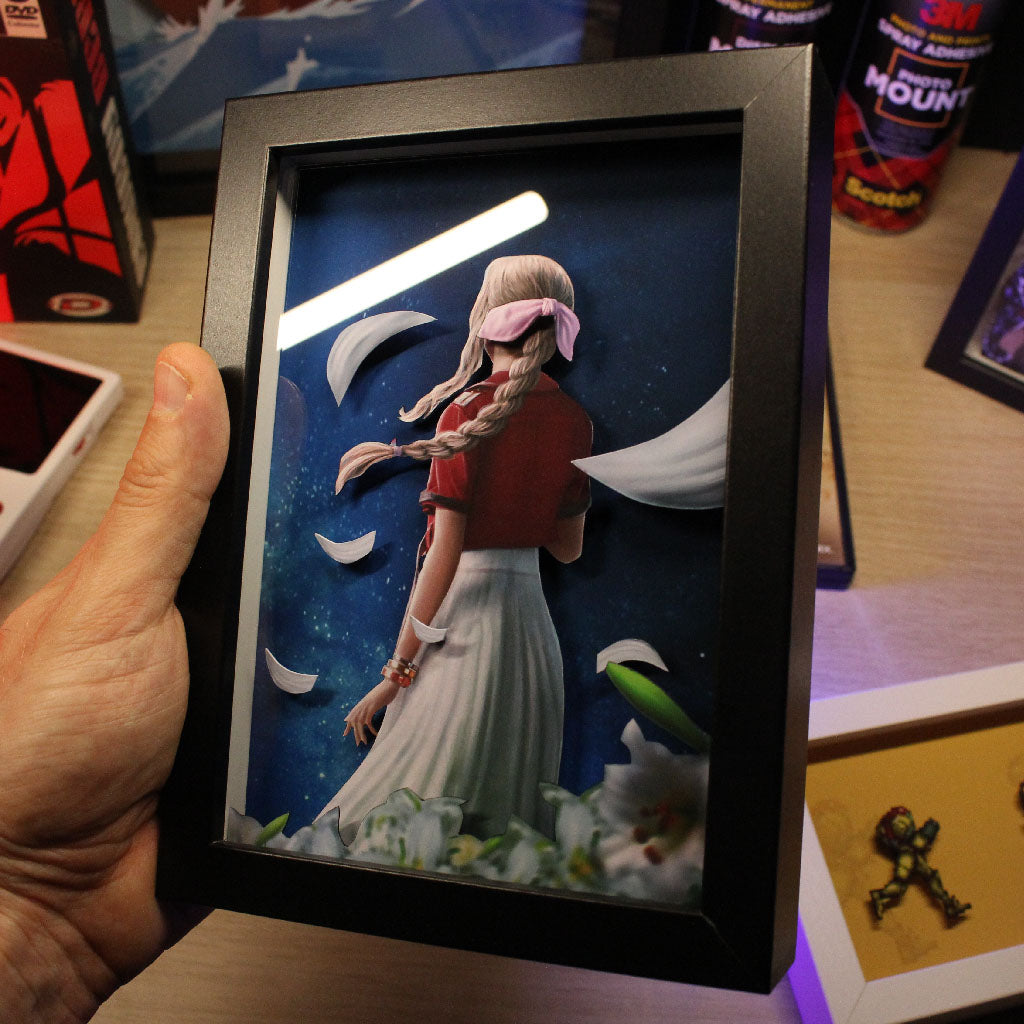 Dioramax - Cadre lumineux LED FF7 Aerith | Déco Gaming-room | Tableau lumineux | Affiche jeux vidéo | Idée cadeau gamer | Retro-gaming