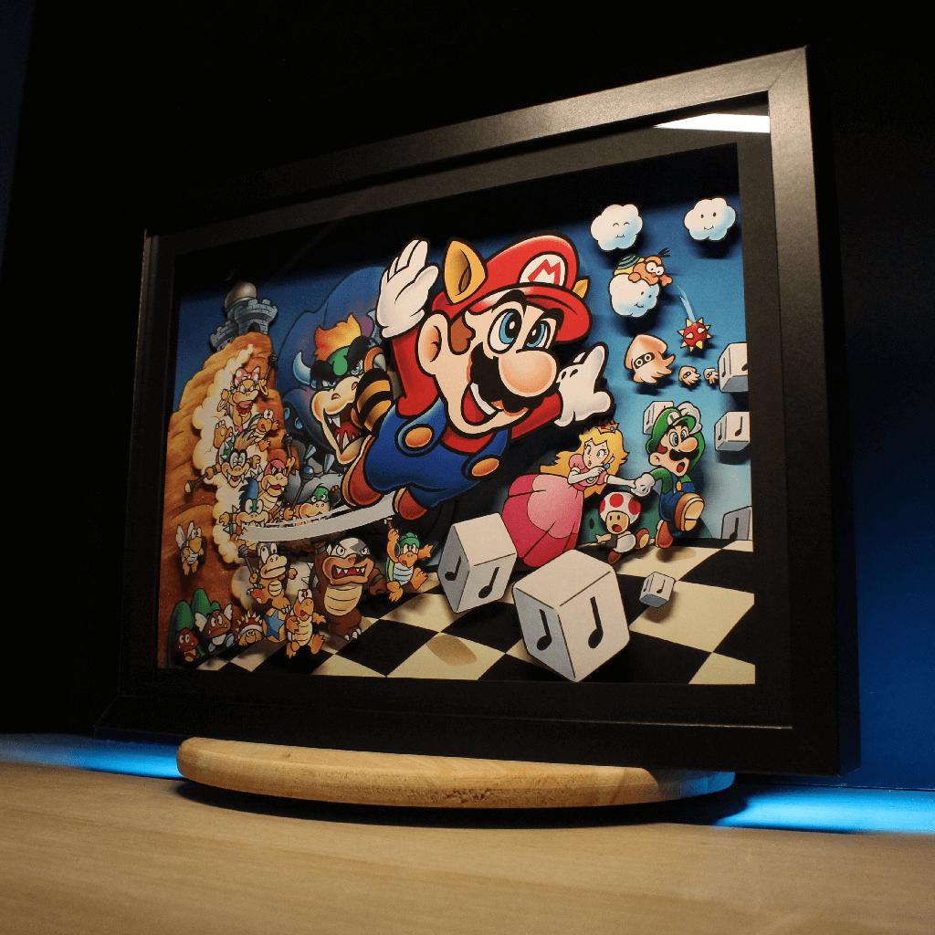 Dioramax - Cadre lumineux LED Mario 3 | Déco Gaming-room | Tableau lumineux | Affiche jeux vidéo | Idée cadeau gamer | Retro-gaming