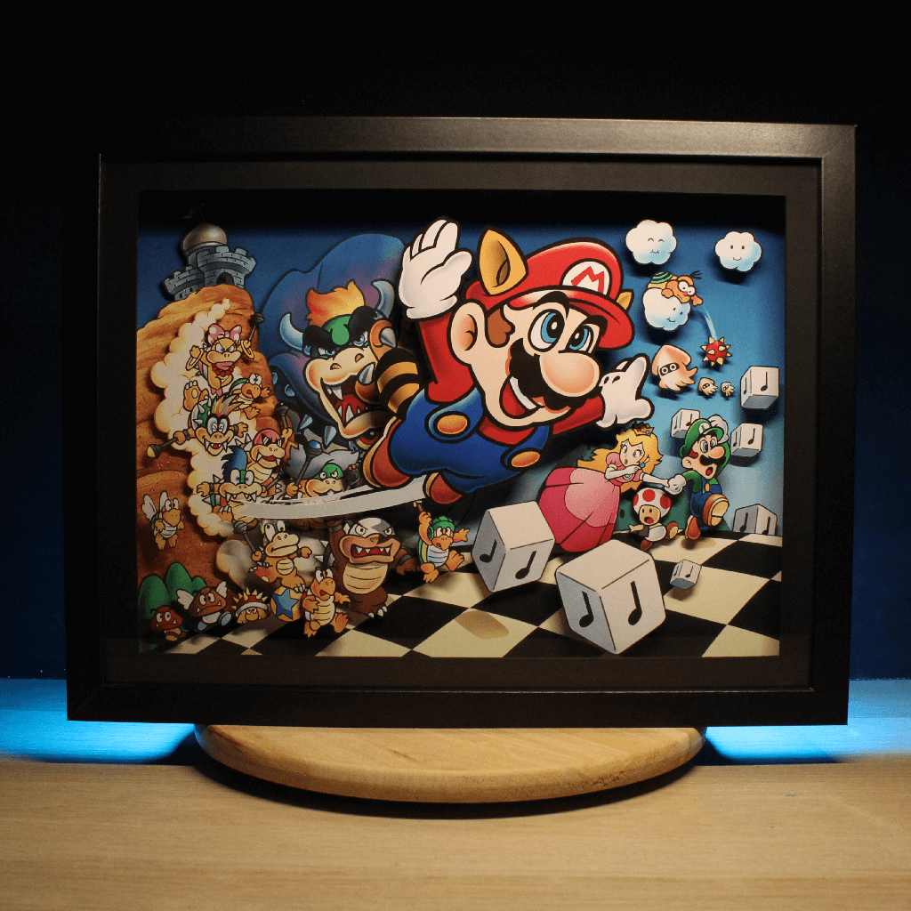 Dioramax - Cadre lumineux LED Mario 3 | Déco Gaming-room | Tableau lumineux | Affiche jeux vidéo | Idée cadeau gamer | Retro-gaming