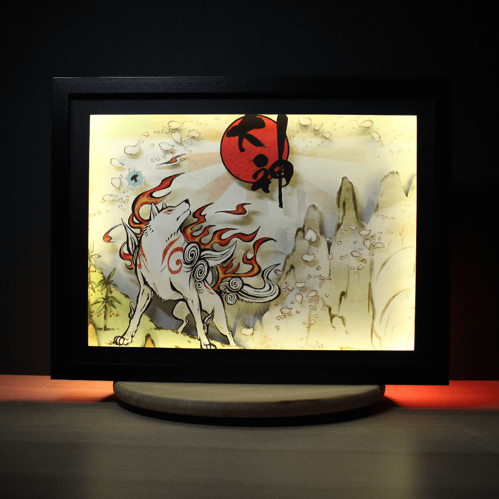 Dioramax - Cadre lumineux LED Okami | Déco Gaming-room | Tableau lumineux | Affiche jeux vidéo | Idée cadeau gamer | Retro-gaming