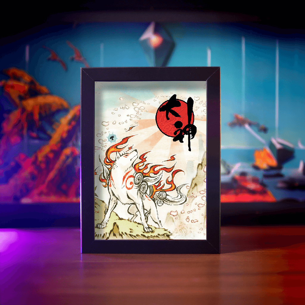 Dioramax - Cadre lumineux LED Okami | Déco Gaming-room | Tableau lumineux | Affiche jeux vidéo | Idée cadeau gamer | Retro-gaming