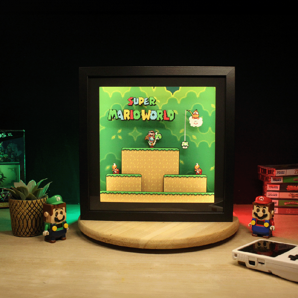 Dioramax - Cadre lumineux LED Super Mario World| Déco Gaming-room | Tableau lumineux | Affiche jeux vidéo | Idée cadeau gamer | Retro-gaming