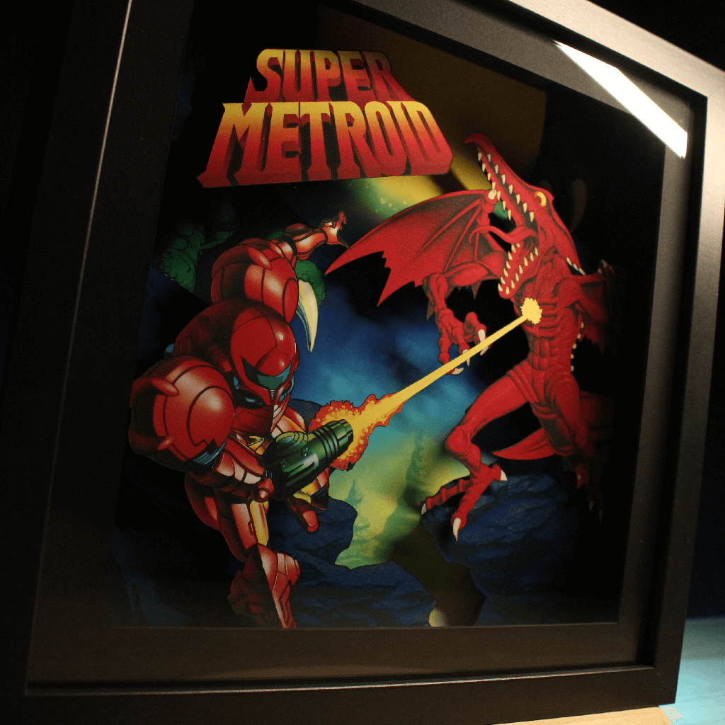 Dioramax - Cadre lumineux LED Super Metroid | Déco Gaming-room | Tableau lumineux | Affiche jeux vidéo | Idée cadeau gamer | Retro-gaming